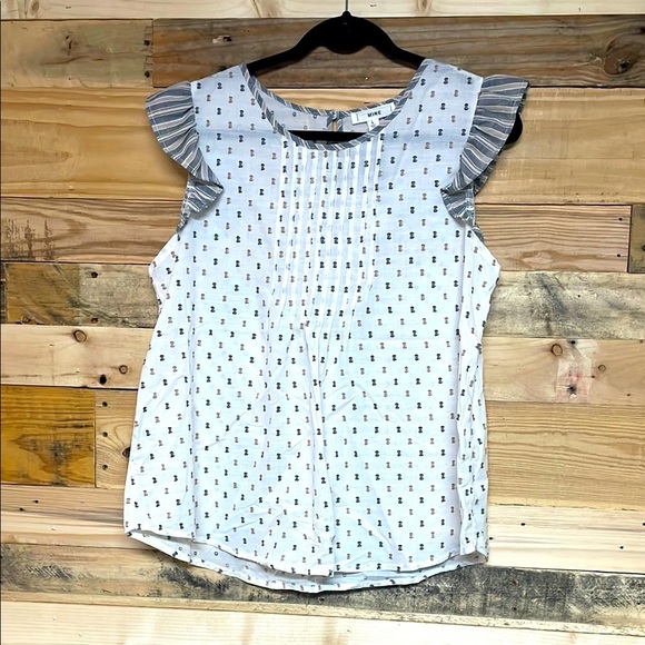 Mine size Large White with Gray and Tan Swedish Dot Flutter Sleeveless Blouse - Picture 1 of 8